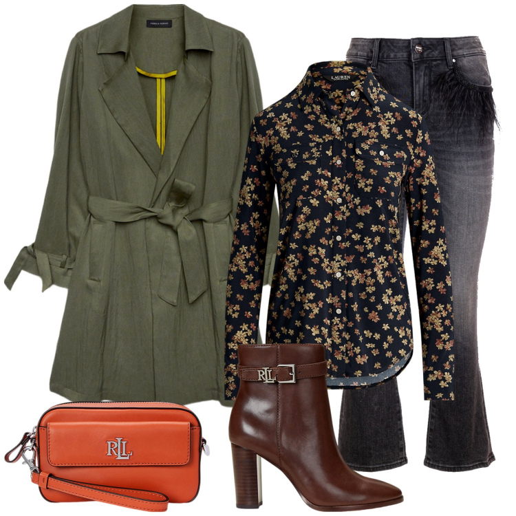 Outfit donna - Autumn color. Stile Sporty chic per Tutti i giorni. Abbinamento con jeans, pochette, camicie, stivaletti, trench.