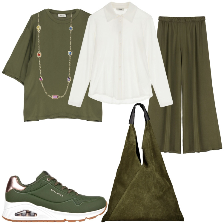 Outfit donna - Lo stile che mi piace. Stile Trendy per Tutti i giorni. Abbinamento con collane, pantaloni, camicie, maglieria, sneakers, borse a spalla.