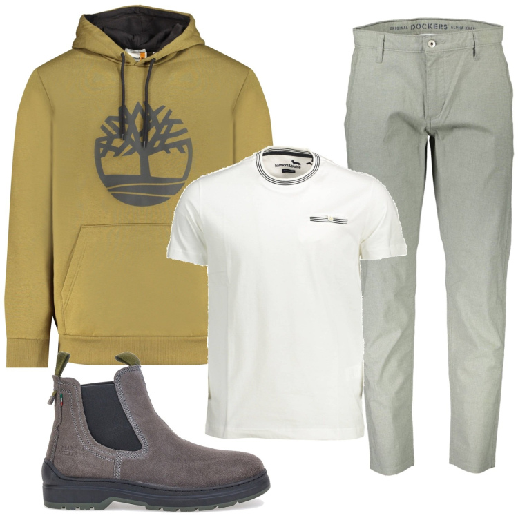 Outfit uomo - Trend d\'autunno. Stile Casual per Tutti i giorni. Abbinamento con stivali e stivaletti, felpe con cappuccio, pantaloni, t-shirt.