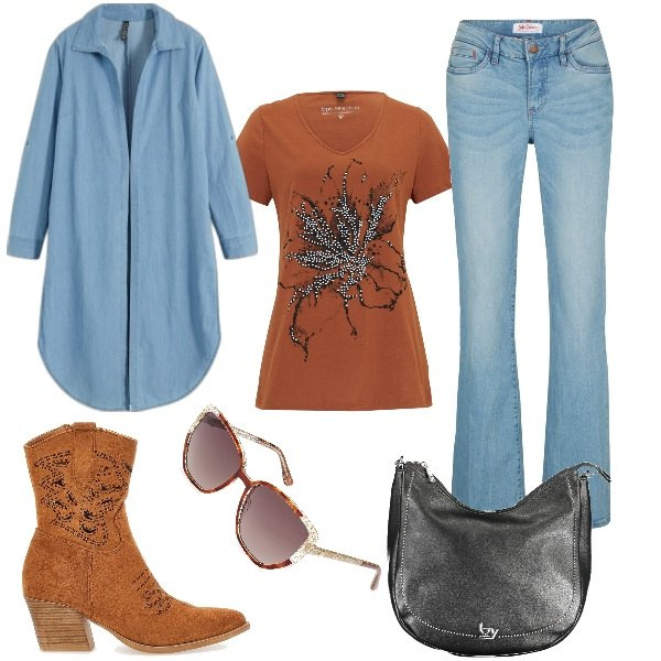 Outfit donna - Glamour Texano. Stile Casual per Serata fuori. Abbinamento con jeans bootcut, camicie, t-shirt, borse a spalla, stivaletti texani, occhiali da sole.
