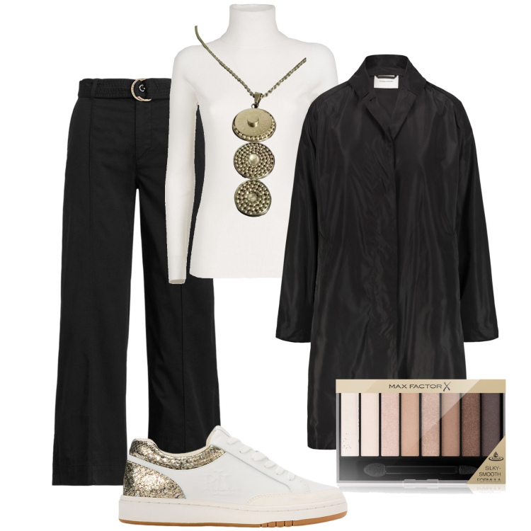 Outfit donna - Il trench in taffetà con le sneakers. Stile Sporty chic per Ufficio. Abbinamento con ombretti, pantaloni, sneakers, trench, maglieria, collane.