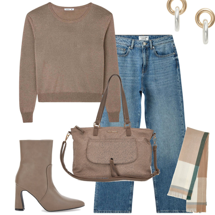 Outfit donna - Abbinare il fango. Stile Urban per Tutti i giorni. Abbinamento con jeans dritti, maglieria, orecchini, stivaletti, borse a spalla, sciarpe.