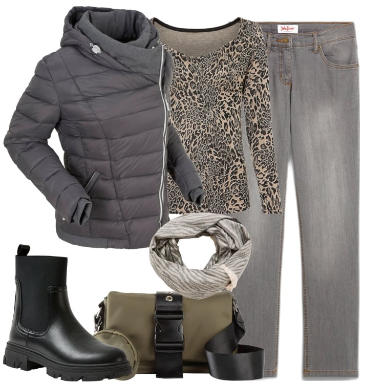 Outfit donna - City. Stile Basic per Tutti i giorni. Abbinamento con jeans dritti, giacche, maglieria, borse a tracolla, stivaletti chelsea, sciarpe.