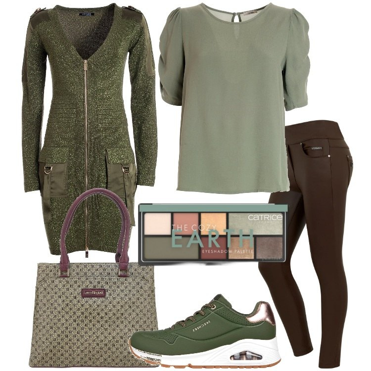Outfit donna - Color verde oliva - dleo2011. Stile Casual chic per Tutti i giorni. Abbinamento con ombretti, cardigans, bluse, jeans skinny, sneakers, borse a mano.
