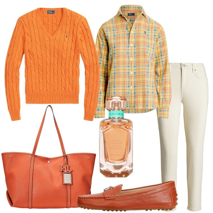Outfit donna - Arancio autunno Preppy Style. Stile Preppy per Scuola/Università. Abbinamento con profumi, jeans skinny, mocassini, maglieria, borse tote, camicie.