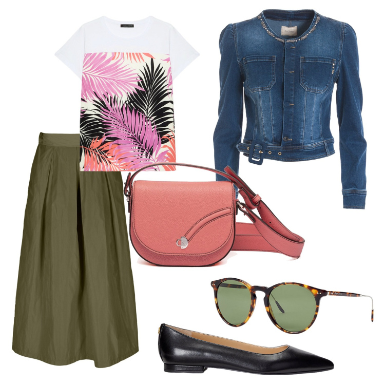 Outfit donna - Total look #1970314. Stile Basic per Tutti i giorni. Abbinamento con blazer, ballerine, occhiali da sole, t-shirt, gonne, borse a tracolla.