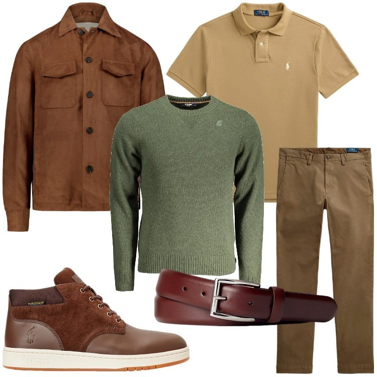 Outfit uomo - Colori autunnali. Stile Casual per Ufficio. Abbinamento con cinture, polo, pantaloni, stivali, giacche, maglieria.