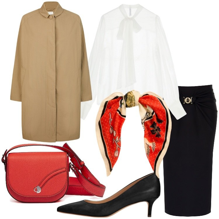 Outfit donna - Il trench, pratico e sempre alla moda. Stile Bon Ton per Ufficio. Abbinamento con gonne longuette, camicie, décolleté, foulard, trench, borse a tracolla.