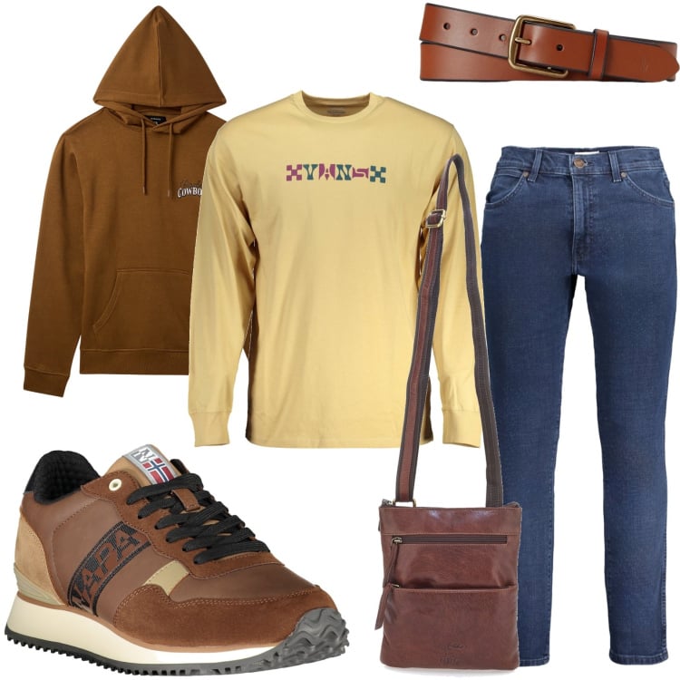 Outfit uomo - Casual in marrone. Stile Casual per Tutti i giorni. Abbinamento con felpe con cappuccio, cinture, t-shirt, sneakers, portafogli, jeans.