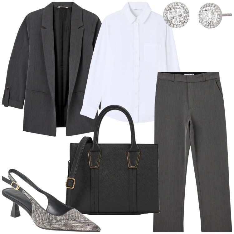 Outfit donna - Total look #1970325. Stile Casual chic per Ufficio. Abbinamento con orecchini, blazer, pantaloni chino, décolleté, camicie, shopping bag.