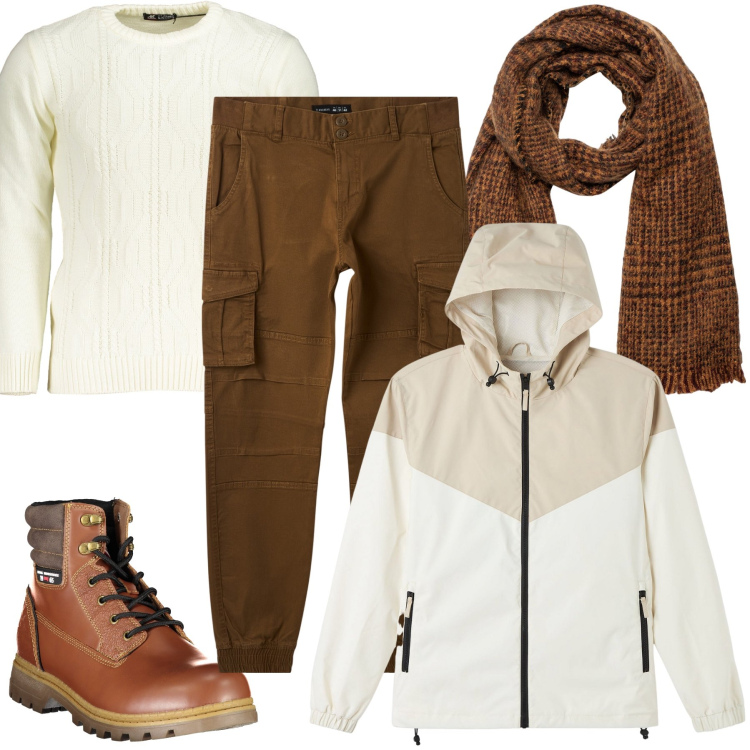 Outfit uomo - pantaloni cargo marroni. Stile Casual per Tutti i giorni. Abbinamento con pantaloni cargo, giacche, sciarpe, stivali, maglieria.