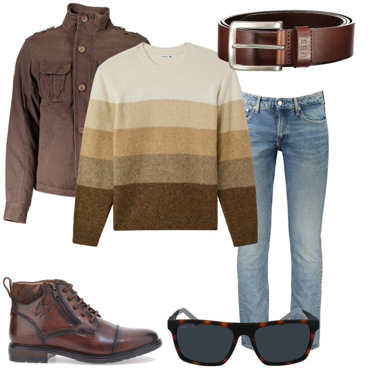 Outfit uomo - Casual a colore. Stile Trendy per Tutti i giorni. Abbinamento con maglieria, scarpe stringate, giacche, jeans slim fit, cinture, occhiali da sole.