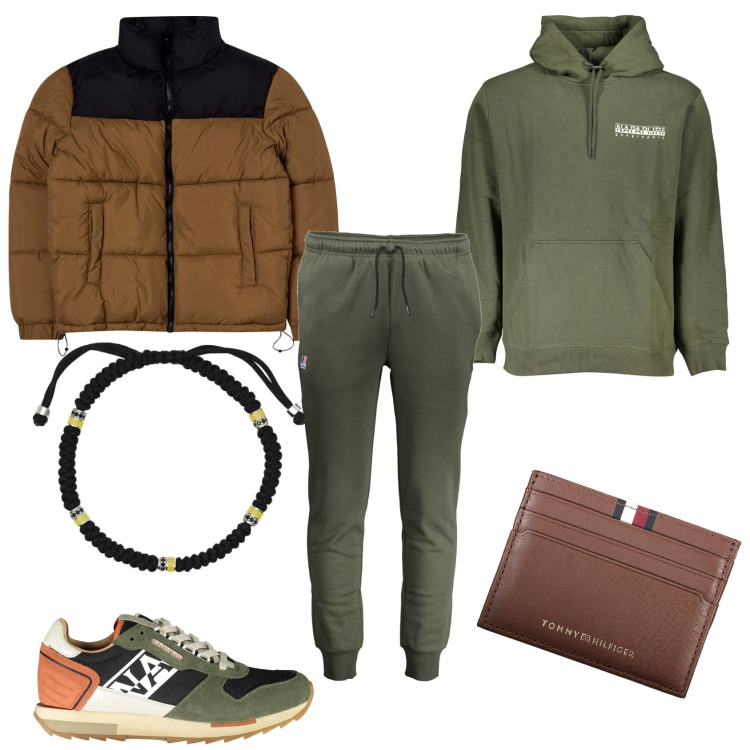Outfit uomo - Outfit autunnale. Stile Casual per Tutti i giorni. Abbinamento con giacche, braccialetti, felpe con cappuccio, sneakers, pantaloni, portafogli.