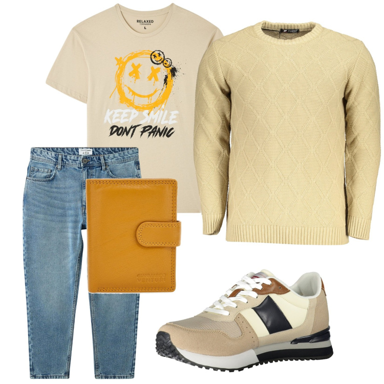 Outfit uomo - Cambio di stagione: no panic!. Stile Casual per Tutti i giorni. Abbinamento con t-shirt, jeans, sneakers, portafogli, maglieria.