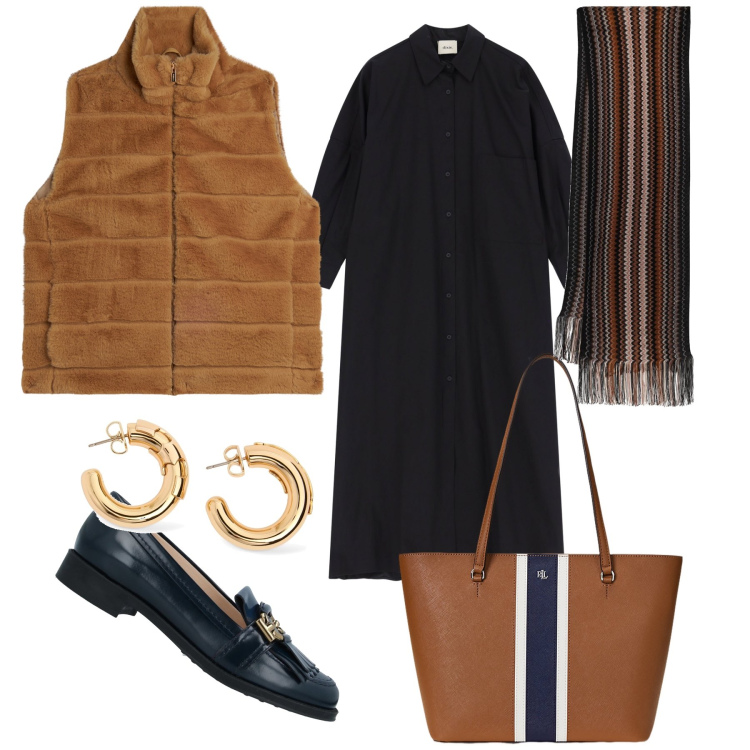 Outfit donna - Una pizza tra amici. Stile Trendy per Serata fuori. Abbinamento con mocassini, gilet, vestiti lunghi, borse tote, sciarpe, orecchini.