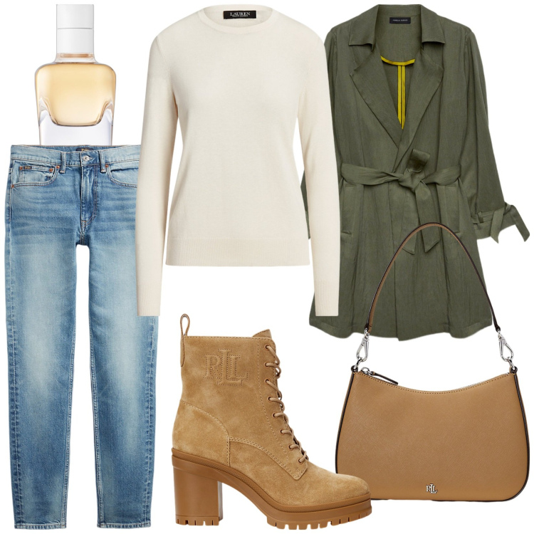 Outfit donna - Trench passepartout. Stile Minimal per Tutti i giorni. Abbinamento con profumi, maglieria, stivaletti, jeans skinny, borse a spalla, trench.