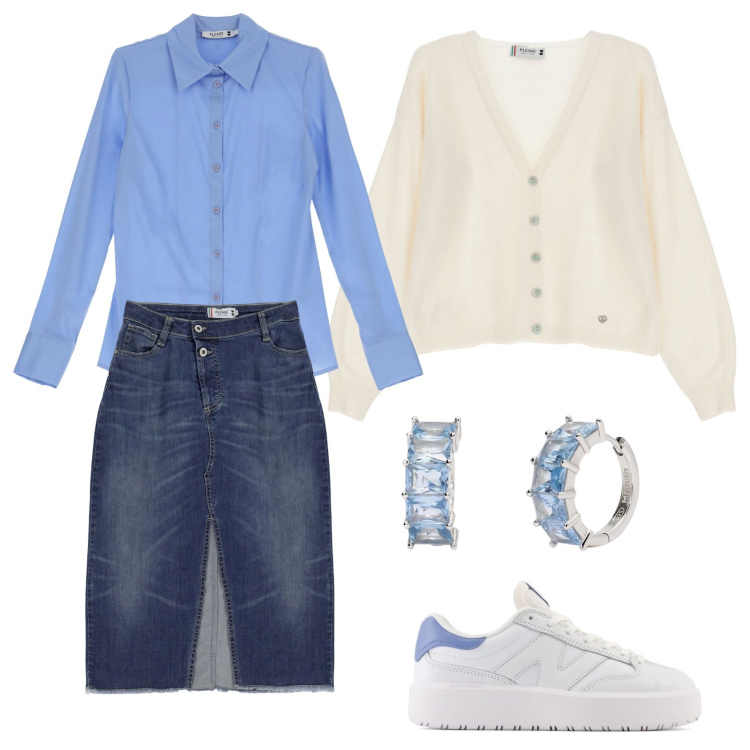 Outfit donna - La gonna in jeans. Stile Casual per Scuola/Università. Abbinamento con camicie, gonne, cardigans, orecchini, sneakers.