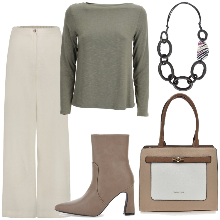 Outfit donna - Total look #1970376. Stile Minimal per Ufficio. Abbinamento con stivaletti, pantaloni, maglieria, borse a spalla, collane.
