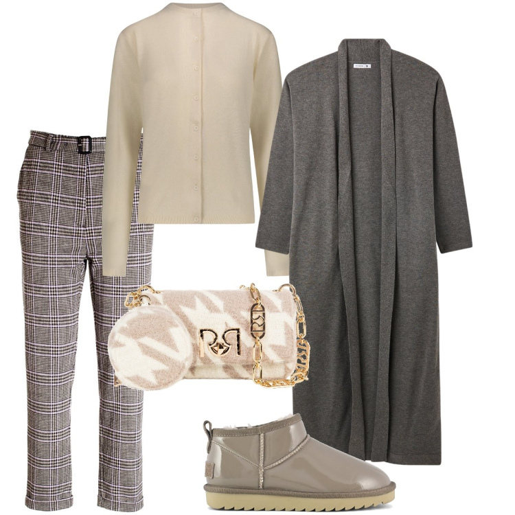 Outfit donna - Mix di fantasie. Stile Casual chic per Tutti i giorni. Abbinamento con cardigans, borse a tracolla, pantaloni, cardigans, stivali.