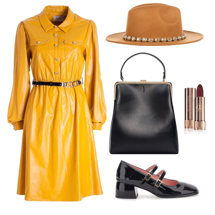 Outfit donna - Perfetta e stilosa. Stile Glamour per Tutti i giorni. Abbinamento con rossetti, cappelli, vestiti chemisier, borse a spalla, décolleté.