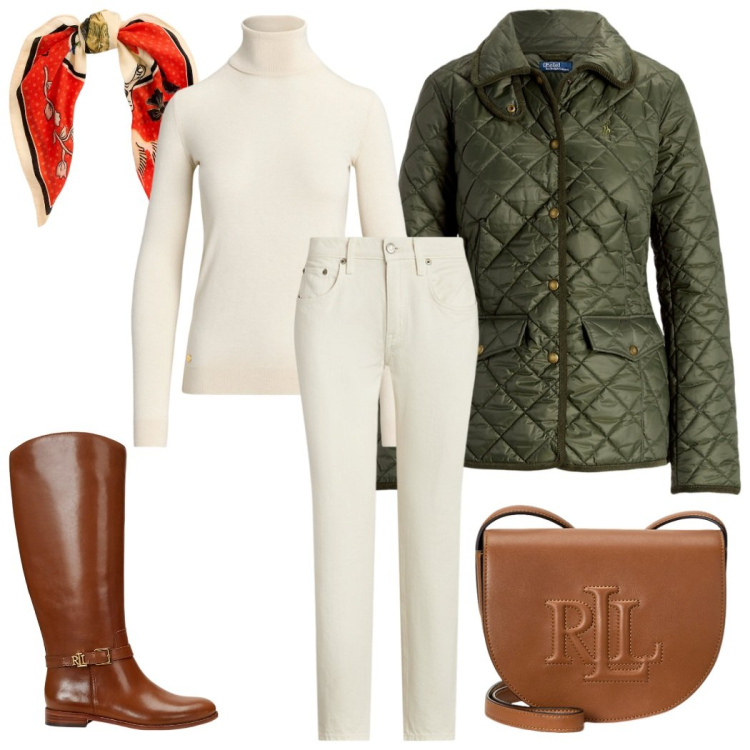 Outfit donna - Stile Cavallerizza. Stile Glamour per Tutti i giorni. Abbinamento con maglieria, borse a tracolla, stivali, jeans, foulard, giacche.