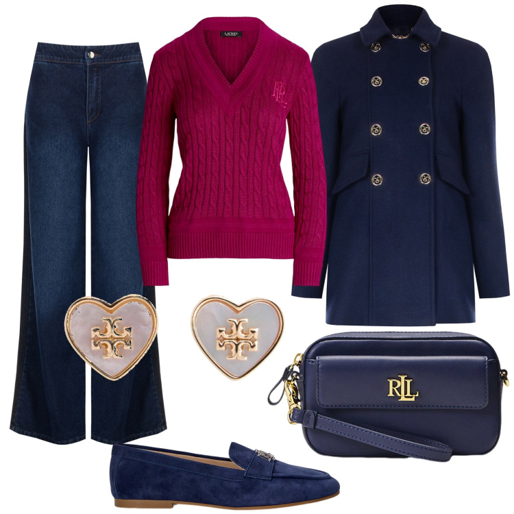 Outfit donna - Tendenze. Stile Casual chic per Ufficio. Abbinamento con cappotti, jeans, pochette, maglieria, mocassini, orecchini.