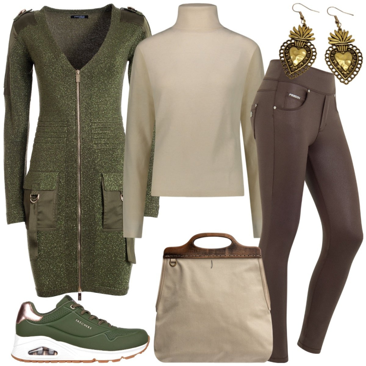 Outfit donna - Total look #1970419. Stile Sporty chic per Scuola/Università. Abbinamento con cardigans, jeans skinny, sneakers, borse a tracolla, pullovers, orecchini.