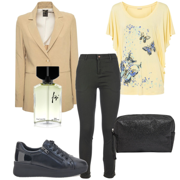 Outfit donna - Farfalle in ottobre. Stile Casual per Tutti i giorni. Abbinamento con maglieria, profumi, valigie, pantaloni, scarpe stringate, blazer.