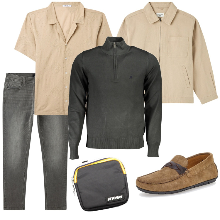 Outfit uomo - Furbissimo. Stile Casual per Tutti i giorni. Abbinamento con giacche, camicie a manica corta, jeans skinny, portafogli, scarpe stringate, maglieria.