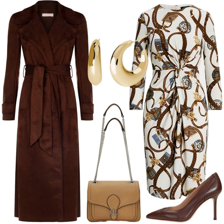 Outfit donna - Total look #1970434. Stile Chic per Ufficio. Abbinamento con orecchini, trench, borse a spalla, décolleté, vestiti.