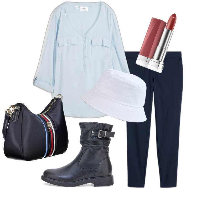 Outfit donna - Blue. Stile Basic per Tutti i giorni. Abbinamento con pantaloni, bluse, rossetti, cappelli, borse a tracolla, stivaletti.