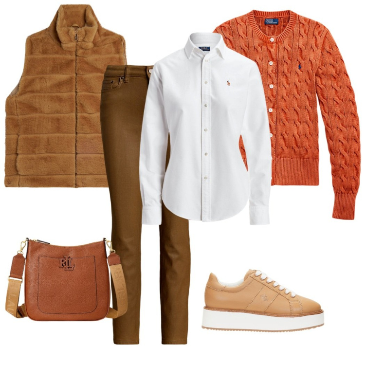 Outfit donna - Pullover a trecce arancio. Stile Casual chic per Tutti i giorni. Abbinamento con gilet, camicie, borse a tracolla, cardigans, sneakers, jeans dritti.