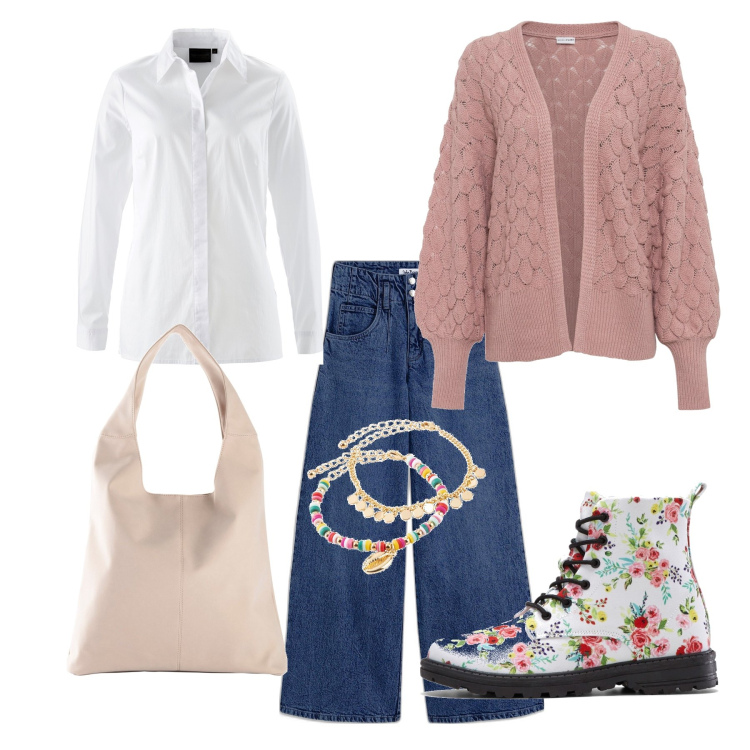 Outfit donna - Total look #1970470. Stile Casual per Tutti i giorni. Abbinamento con cardigans, camicie, jeans, stivaletti, braccialetti con ciondoli, shopping bag.