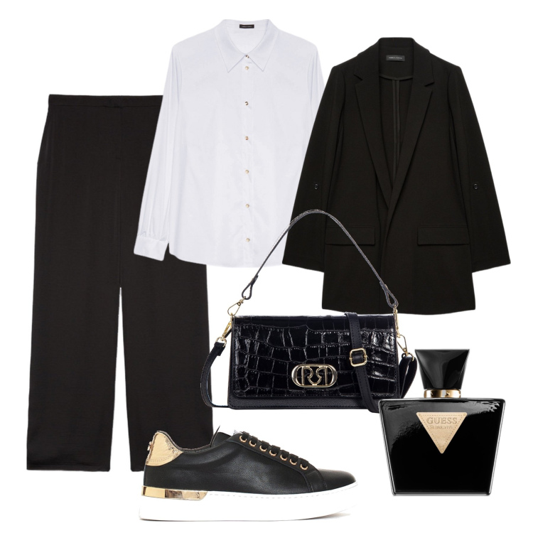 Outfit donna - Formale in ufficio con le sneakers. Stile Casual chic per Ufficio. Abbinamento con profumi, borse a tracolla, sneakers, pantaloni a palazzo, blazer, camicie.