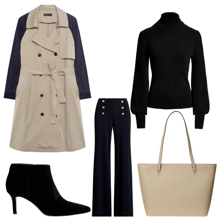 Outfit donna - Beige e nero. Stile Casual chic per Ufficio. Abbinamento con maglieria, borse tote, pantaloni, stivaletti, trench.