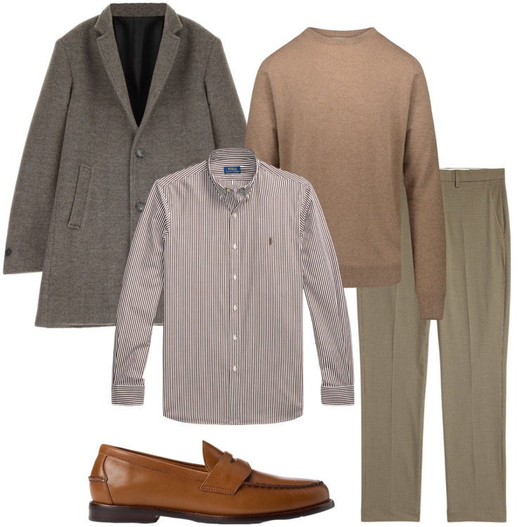 Outfit uomo - Vestire a strati. Stile Business/Elegante per Ufficio. Abbinamento con cappotti, scarpe stringate, camicie, pantaloni, maglieria.