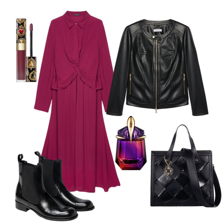 Outfit donna - Il vestito glam con biker e Chelsea. Stile Casual chic per Serata fuori. Abbinamento con profumi, rossetti, borse a mano, vestiti lunghi, blazer, stivaletti chelsea.
