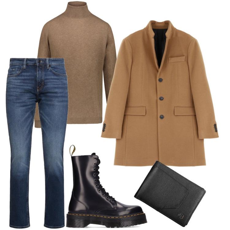 Outfit uomo - Il marrone autunnale. Stile Urban per Serata speciale. Abbinamento con cappotti, maglieria, stivali, jeans, portafogli.