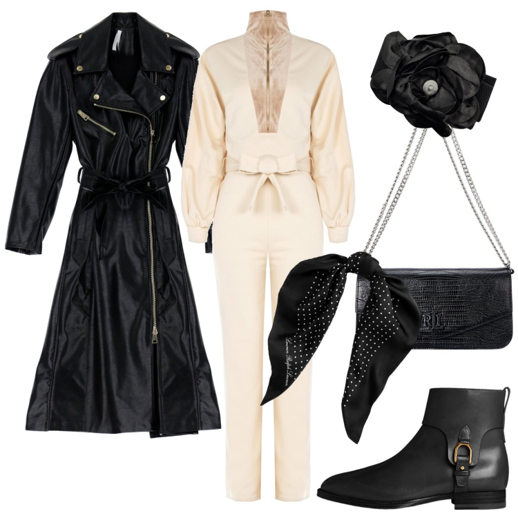 Outfit donna - Total look #1970502. Stile Casual chic per Tutti i giorni. Abbinamento con tute, trench, foulard, stivaletti, borse a spalla, cinture.