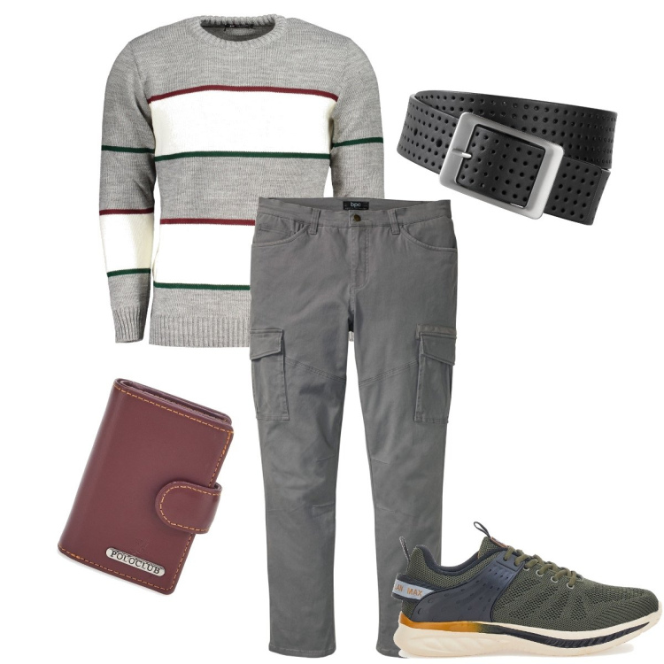 Outfit uomo - Pantalone cargo. Stile Urban per Tutti i giorni. Abbinamento con cinture, pantaloni cargo, sneakers, maglieria, portafogli.