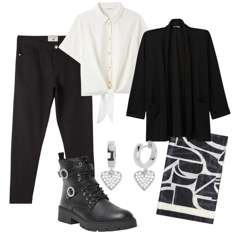 Outfit donna - Easy black e strass in ufficio. Stile Casual chic per Ufficio. Abbinamento con blazer, anfibi, pantaloni, camicie, orecchini, foulard.