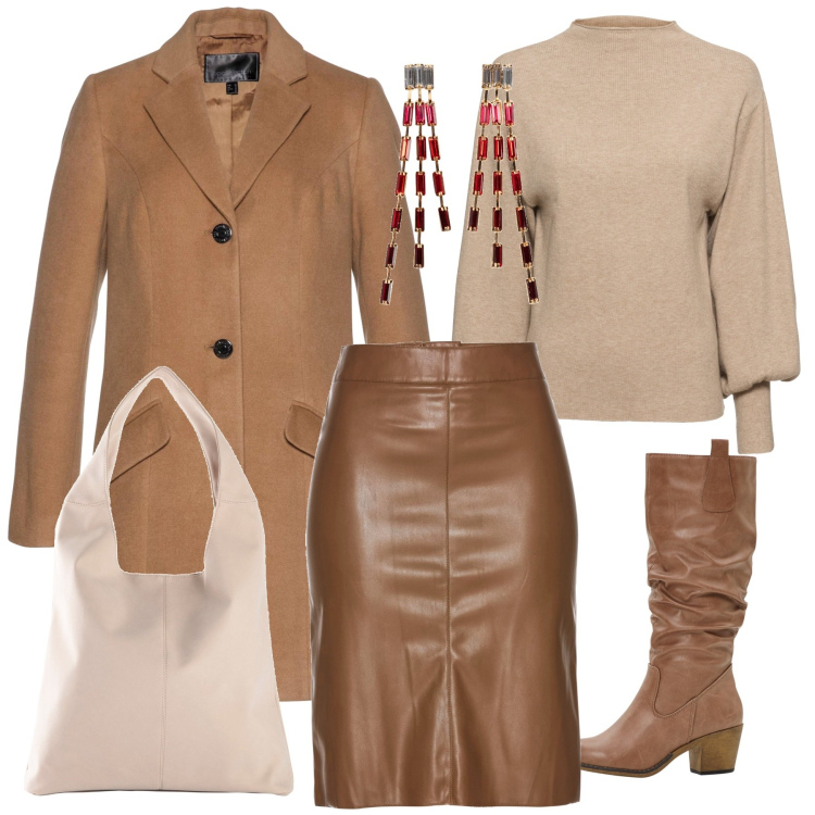 Outfit donna - brown autumn. Stile Casual per Tutti i giorni. Abbinamento con maglieria, stivali, gonne longuette, orecchini, cappotti, shopping bag.