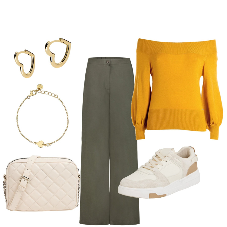 Outfit donna - Total look #1970522. Stile Casual per Ufficio. Abbinamento con sneakers, borse a tracolla, orecchini, braccialetti, maglieria, pantaloni.