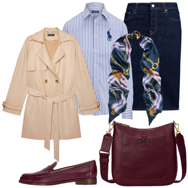Outfit donna - 1..2..3..trench. Stile Casual chic per Tutti i giorni. Abbinamento con gonne, camicie, borse a tracolla, sciarpe, mocassini, trench.