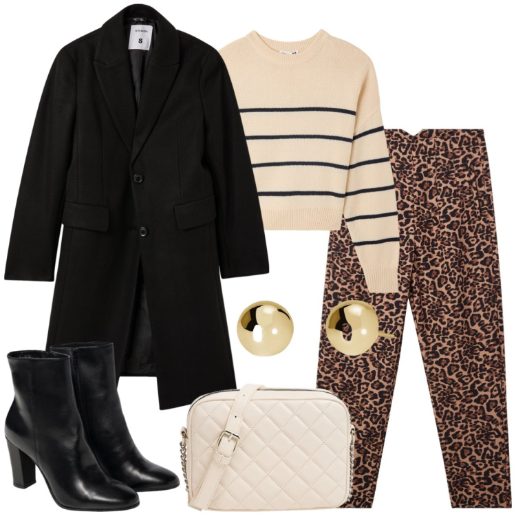 Outfit donna - Total look #1970548. Stile Casual chic per Tutti i giorni. Abbinamento con borse a tracolla, pantaloni chino, maglieria, cappotti, orecchini, stivaletti.