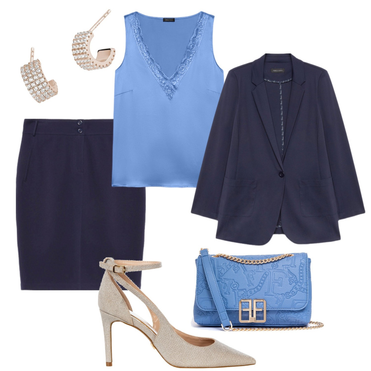 Outfit donna - Cerimonia informale: completo blu !. Stile Casual chic per Cerimonia. Abbinamento con orecchini, décolleté, borse a tracolla, top, blazer, gonne.
