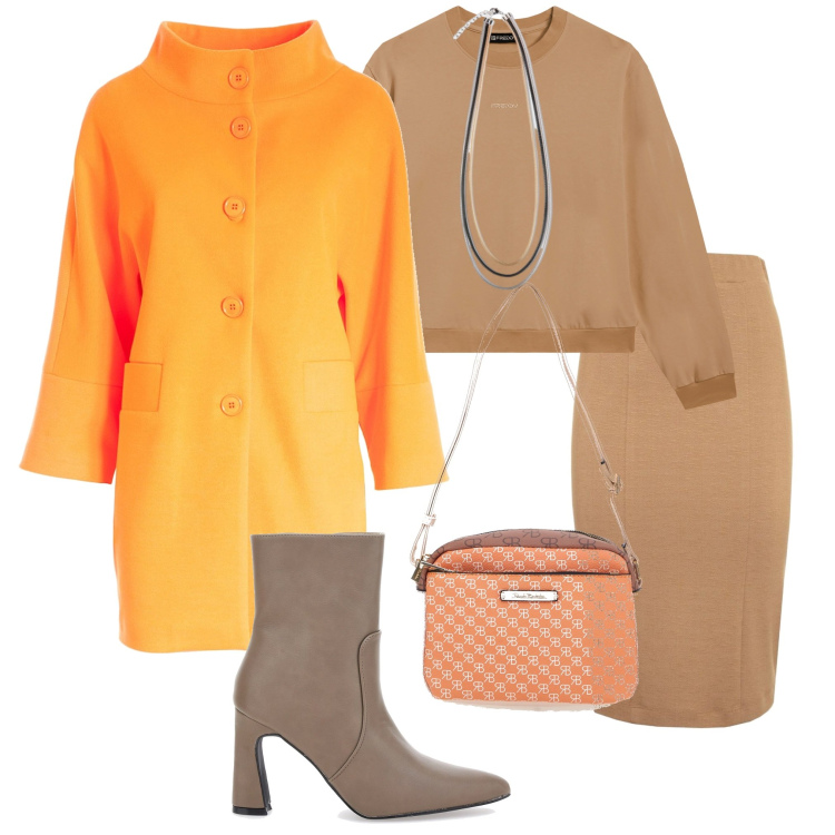 Outfit donna - Arancio autunno. Stile Sporty chic per Tutti i giorni. Abbinamento con cappotti, felpe, stivaletti, gonne lunghe, borse a tracolla, collane.