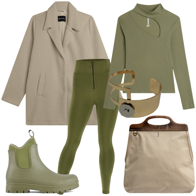 Outfit donna - Verde oliva sempre di moda. Stile Casual chic per Ufficio. Abbinamento con cappotti, maglieria, pantaloni skinny, stivali, borse a tracolla, braccialetti.