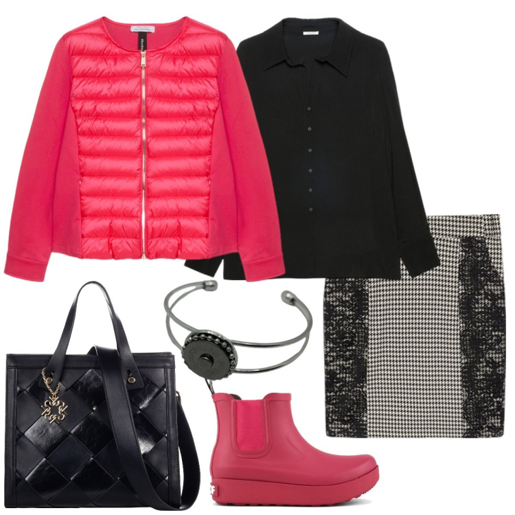 Outfit donna - Total look #1970581. Stile Casual chic per Tutti i giorni. Abbinamento con borse a mano, stivali, gonne, piumini, camicie, braccialetti.