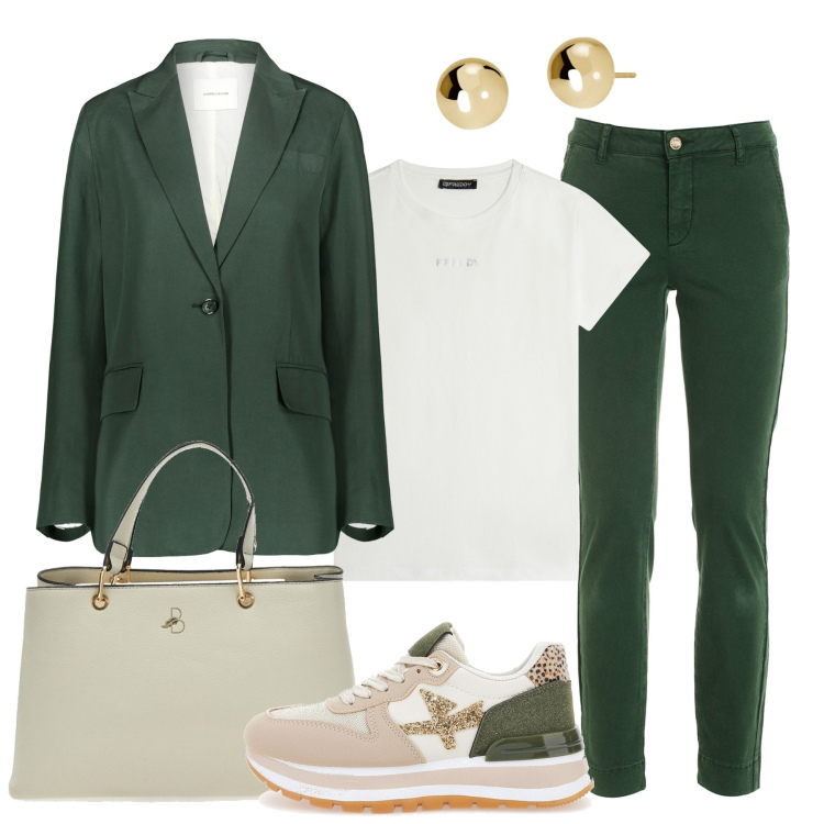 Outfit donna - Nei toni del verde. Stile Casual chic per Tutti i giorni. Abbinamento con orecchini, pantaloni, t-shirt, sneakers, blazer, borse a mano.